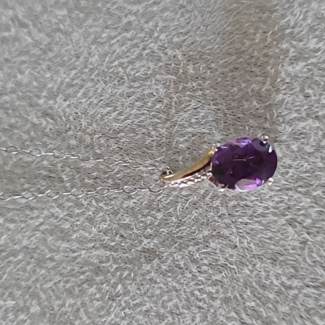 10 Kt Yellow Gold Sterling Silver Two Tone Genuine Amethyst Pendant Approx 18
